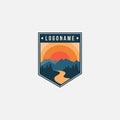 Badge emblem seal mountain and river landscape adventure logo icon vector template