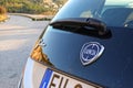 The badge of the famous Lancia automotive company on its Ypsilon model which is the last car the manufacturer will ever produce