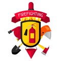 Badge with firefighting items. Fire protection equipment