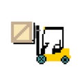 Badge forklift, warehouse forklift with box, fork lift illustration. The picture in the style of pixel art. Vector