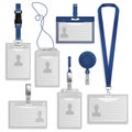 Badge ID. Realistic identification cards with holders and neck lanyards. Pass mockup for security. Press conference