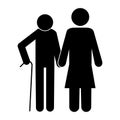 Badge of an old elderly man with a cane paired. Silhouette of grandfather with a stick and grandmother