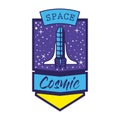 Badge with one rocket in it and space cosmic lettering