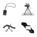 Badge, operator gesture and other accessories for the movie. Making movie set collection icons in black style vector