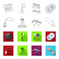 Badge, operator gesture and other accessories for the movie. Making movie set collection icons in outline,flet style