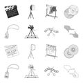 Badge, operator gesture and other accessories for the movie. Making movie set collection icons in outline,monochrome