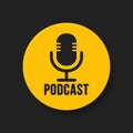 Badge podcast. Vector flat illustrations. Microphone recording studio symbol. Retro microphone icon in yellow circle