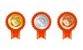 Badge with ribbons. Gold, silver, bronze. Vector illustration Royalty Free Stock Photo