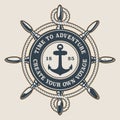 Badge with ship`s wheel and anchor on a light background
