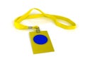 Badge with yellow neck strap on white background