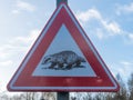 Badger crossing warning sign on the side of a rural country road Royalty Free Stock Photo