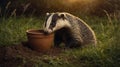 Adorable Badger Cub Drinking Water from a Clay Pot at Sunset Royalty Free Stock Photo