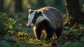 European Badger Walking in Forest at Sunset Royalty Free Stock Photo