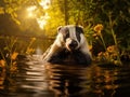 Badger in lake water animal nature habitat Germany Europe. Wildlife scene. Wild Badger Meles meles animal in wood. European