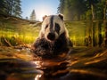 Badger in lake water animal nature habitat Germany Europe. Wildlife scene. Wild Badger Meles meles animal in wood. European