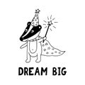 badger with magic wand and lettering dream big. nursery poster template, cute animal. hand drawn doodle style. vector Royalty Free Stock Photo