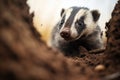 badger with muddy nose peeking out of burrow