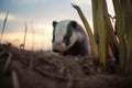 badger peeking from burrow entrance at dusk