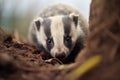 badger peeking from burrow hole