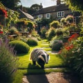 Badger roams around a typical house garden