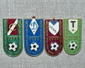 Badges with the inscription `The champion of the USSR and the year of victory` - Spartak, Dynamo, CSKA and Torpedo Royalty Free Stock Photo