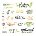 Badges and labels for homemade natural products. Gmo, gluten, fat, wheat and sugar free handwritten texts. Vector design