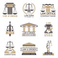 Badges of law and legal. Hammer of judge, legal code black illustrations of labels for jurisprudence. Legal notes vector