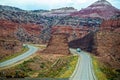 Badlands in Nevada United States with two hunks cut from mountain to make divided highway Royalty Free Stock Photo