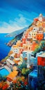 Romantic Seascape: Stunning Amalfi Coast Oil Painting With Dynamic Composition Royalty Free Stock Photo