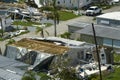 Badly damaged mobile homes after hurricane Ian in Florida residential area. Consequences of natural disaster