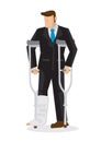 Badly injured cartoon business character in suit with a broken l