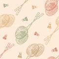 Badminton accessories: racket and shuttlecock, vector seamless pattern