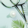 Badminton rackets and shuttlecock on blue court background Royalty Free Stock Photo