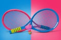 Badminton concept.Racket and shuttlecock.Badminton racket and colorful shuttlecock with colorful cap Royalty Free Stock Photo