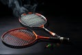 Badminton concept, Racket, shuttlecocks, winners spirit on black background