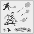 Badminton emblems, symbols, labels, design elements and silhouette of player. Royalty Free Stock Photo