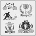 Badminton emblems, symbols, labels, design elements and silhouette of player.