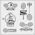 Badminton emblems, symbols, labels, design elements and silhouette of player.