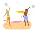 Badminton Game on Beach Man and Woman in Swimsuits Royalty Free Stock Photo