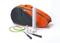 Badminton kit bag with rackets and shuttlecock Royalty Free Stock Photo