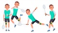 Badminton Man Player Male Vector. Athlete In Uniform. Jumping, Practicing. Cartoon Athlete Character Illustration Royalty Free Stock Photo