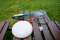 Badminton racket equipment for camping, Frisbee, shuttlecock Royalty Free Stock Photo