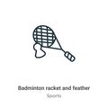 Badminton racket and feather outline vector icon. Thin line black badminton racket and feather icon, flat vector simple element Royalty Free Stock Photo