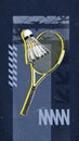 Badminton racket and shuttlecock against dark blue background with abstract design elements. Modern design. Royalty Free Stock Photo