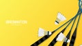 Badminton racket with white badminton shuttlecock on yellow  background badminton court indoor badminton sports wallpaper with cop Royalty Free Stock Photo