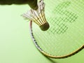 Badminton racket and green Feather Shuttlecock with a colour white background stock isolated image.