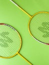 Badminton racket and White Feather Shuttlecock with a colour green background stock isolated image.