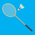 Badminton racket and white shuttlecock with black line. Royalty Free Stock Photo