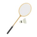 Badminton racket and white shuttlecock with black line.