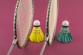 Badminton rackets and feathered shuttlecocks